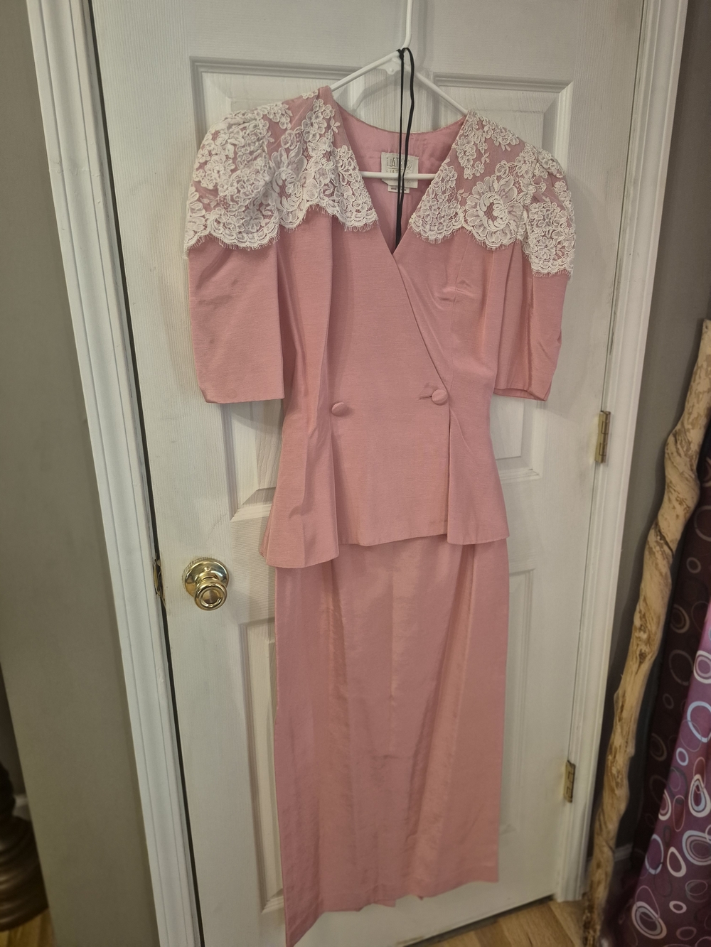 Watters Pink Maxi Skirt Set with White Lace Shoulders